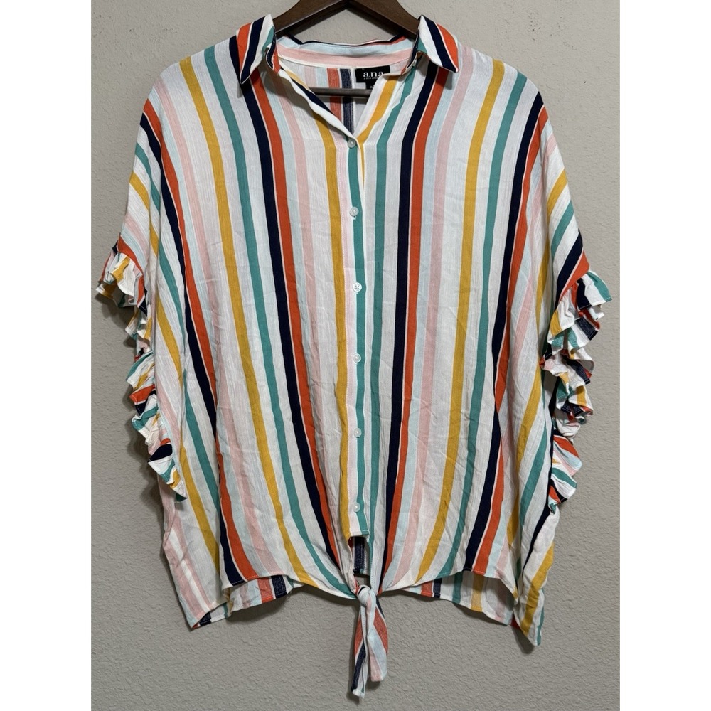 Ana‎ Women's Blouse Top Boxy Oversized Striped Ruffle Tie Whimsy Small Colorful